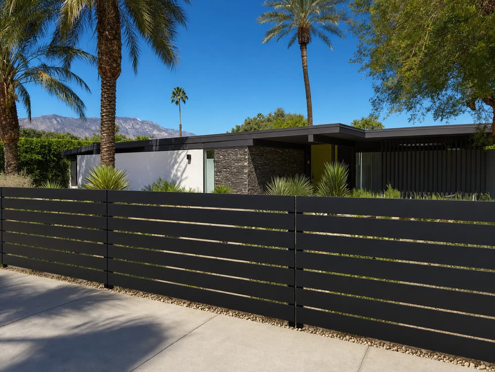 Black aluminum fence installed at a modern Southern California home