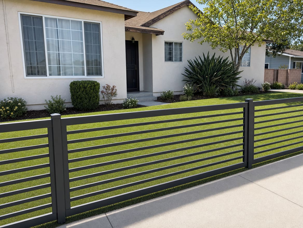 New modern black aluminum slat fence after replacement