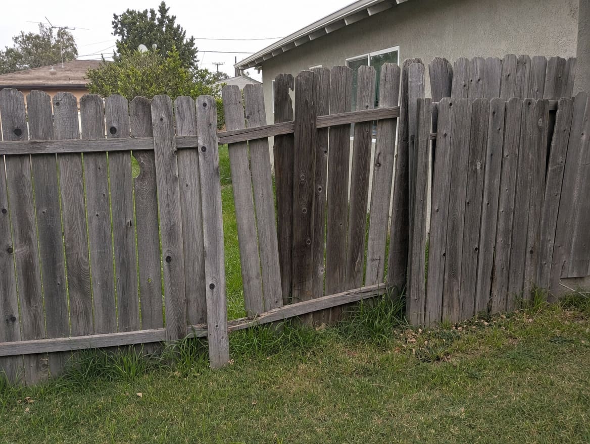 Damaged leaning wood privacy fence before rebuild