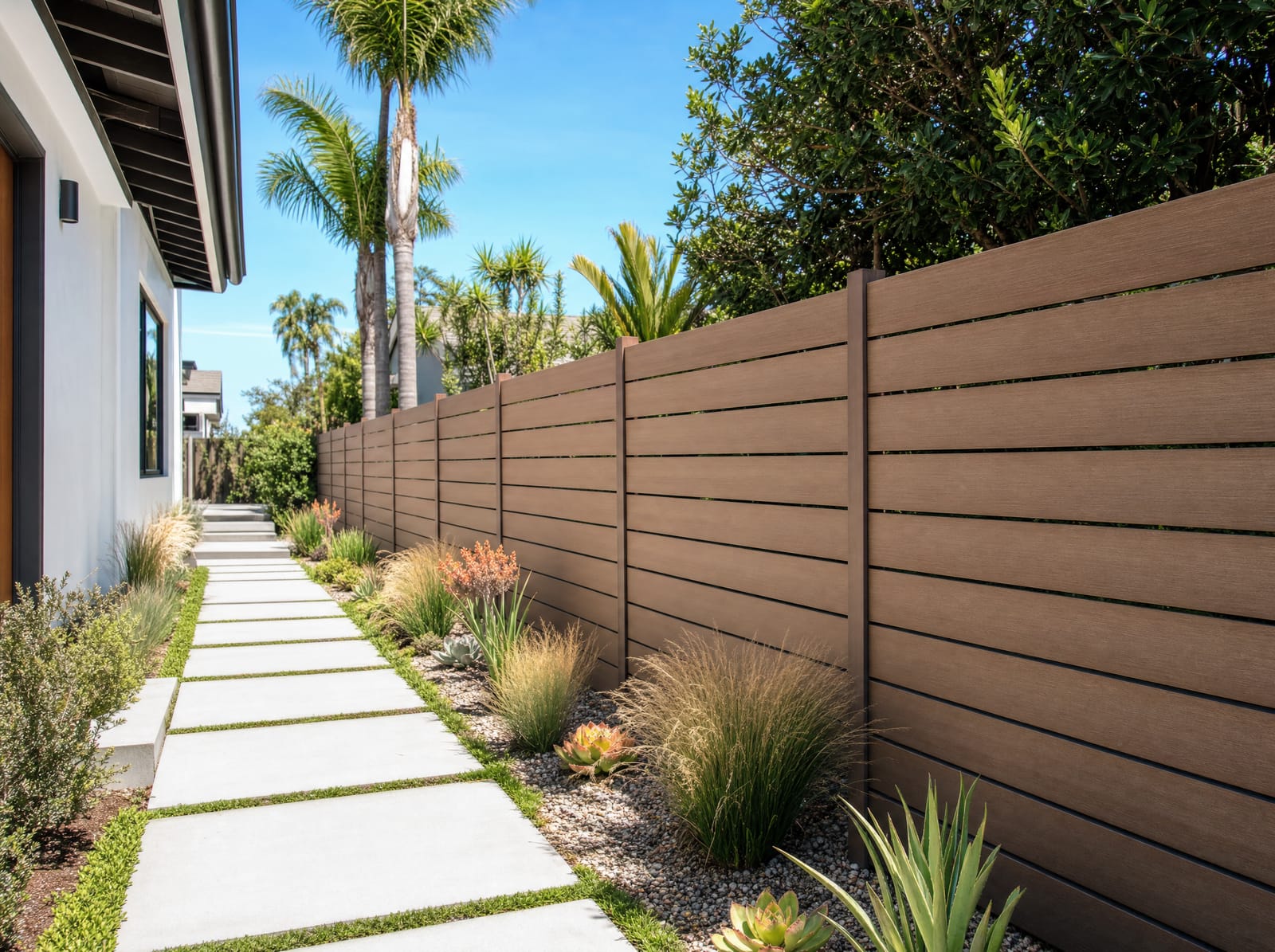 Modern horizontal composite fence along a landscaped side yard