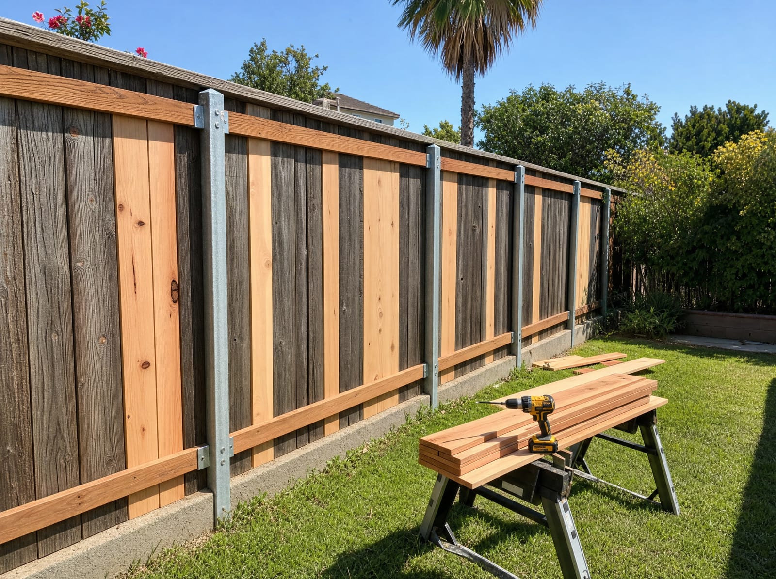 Wood fence repair with fresh cedar boards replacing weathered ones
