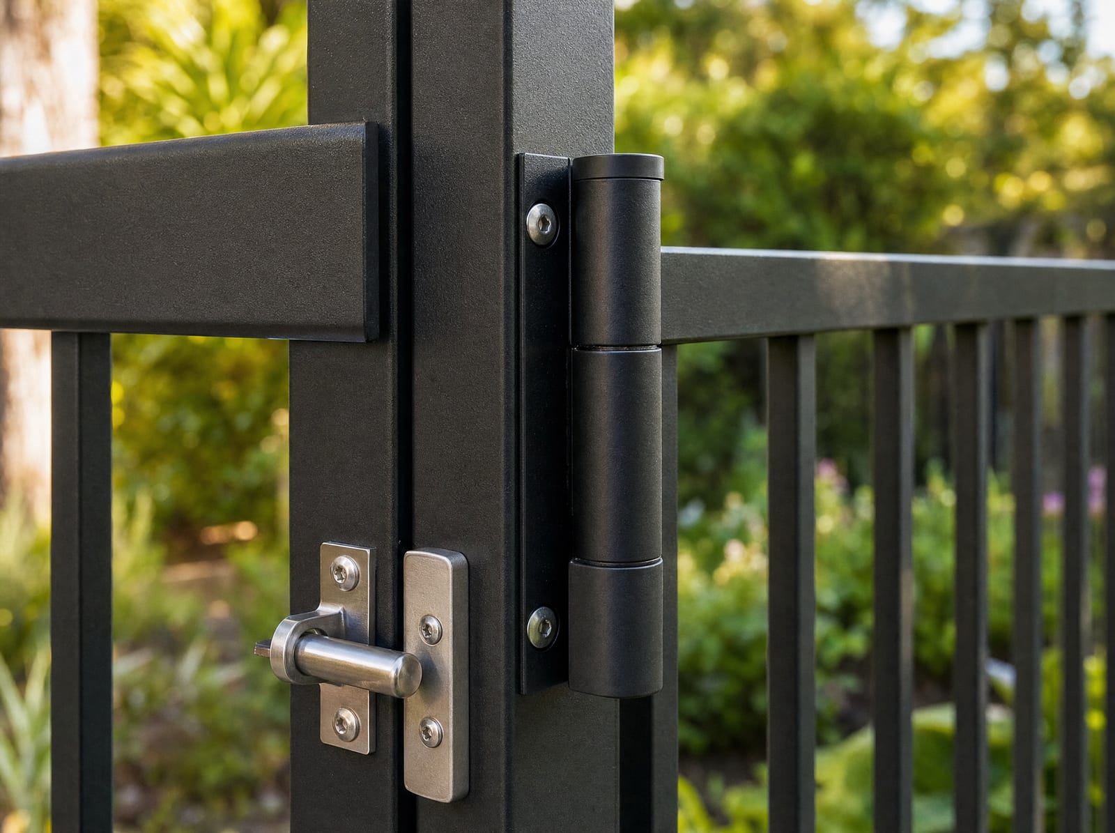 Self-closing hinge and latch detail on a black aluminum gate