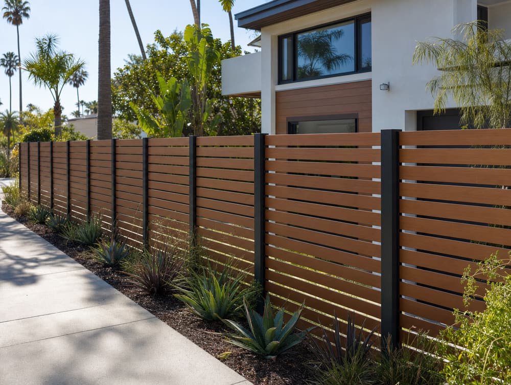Wood-look aluminum slats — aluminum fencing project in Southern California