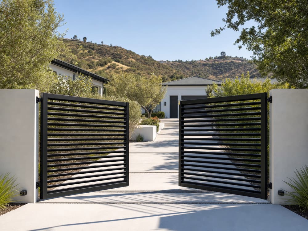 Double swing driveway gate — aluminum fencing project in Southern California