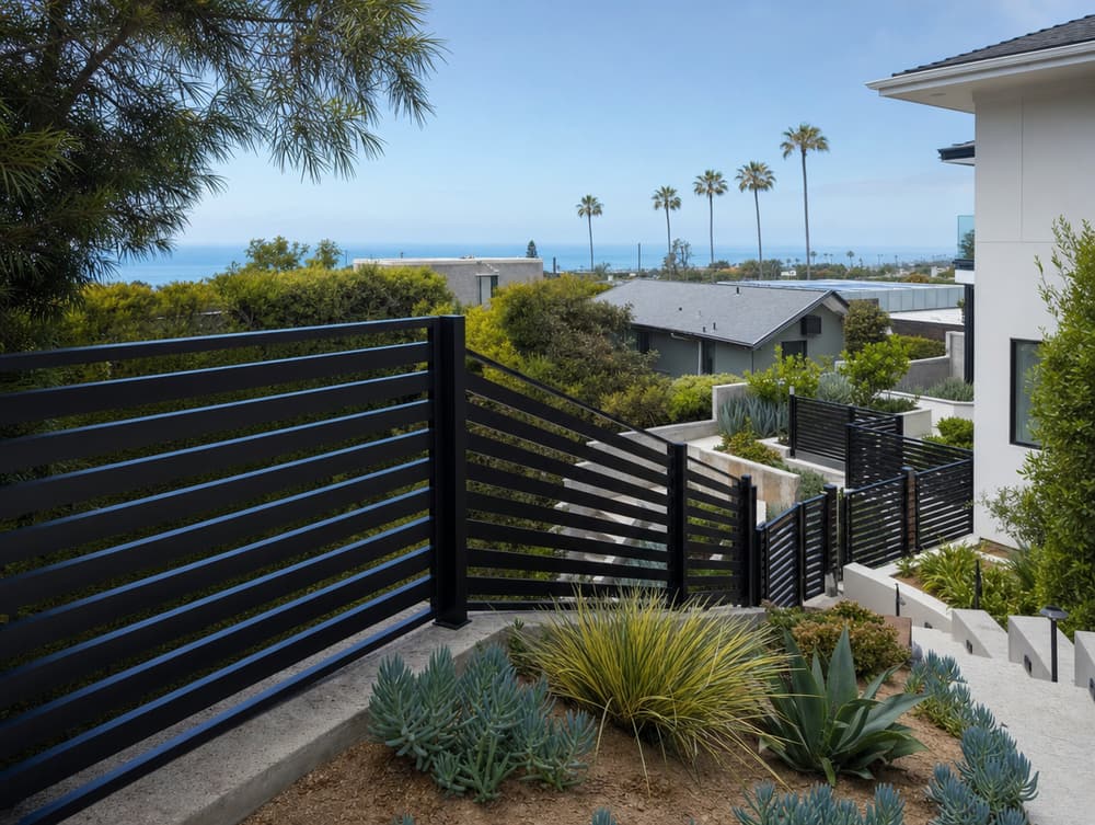Hillside stepped install — aluminum fencing project in Southern California