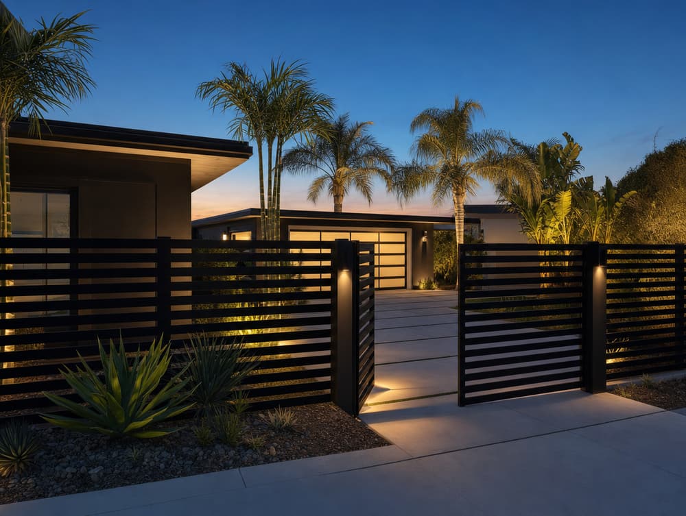Dusk curb appeal — aluminum fencing project in Southern California