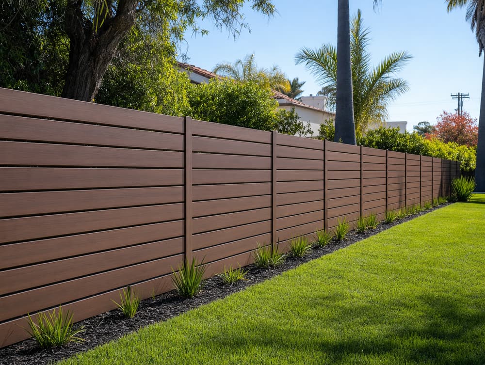 Long property line — composite fencing project in Southern California