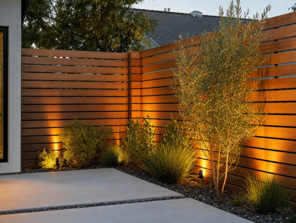 Corner + lighting — composite fencing project in Southern California