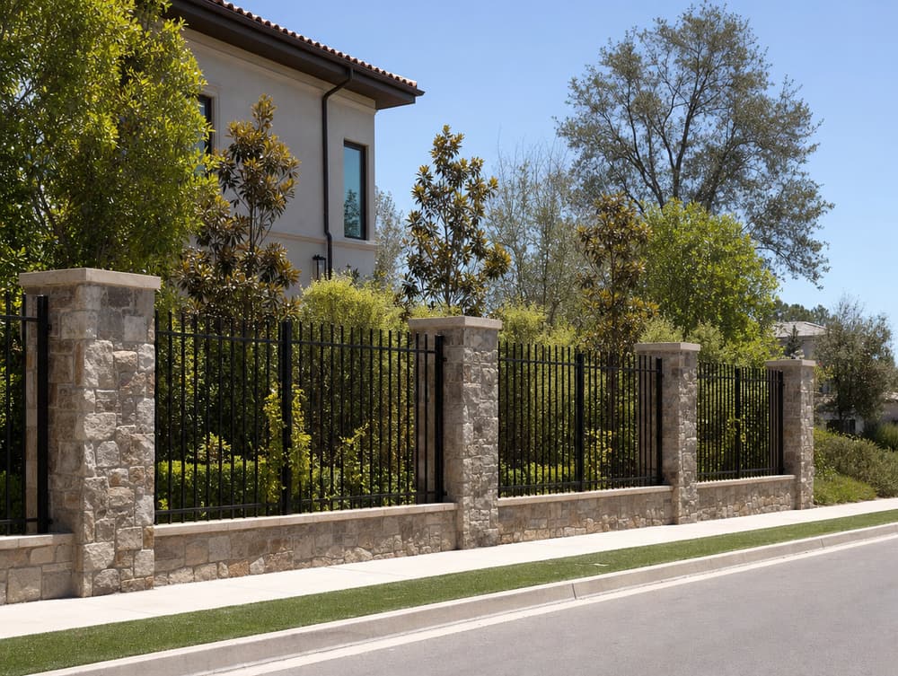 Steel with stone pillars — steel fencing project in Southern California