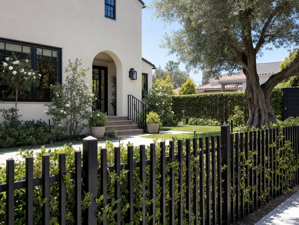 Steel + hedge combo — steel fencing project in Southern California
