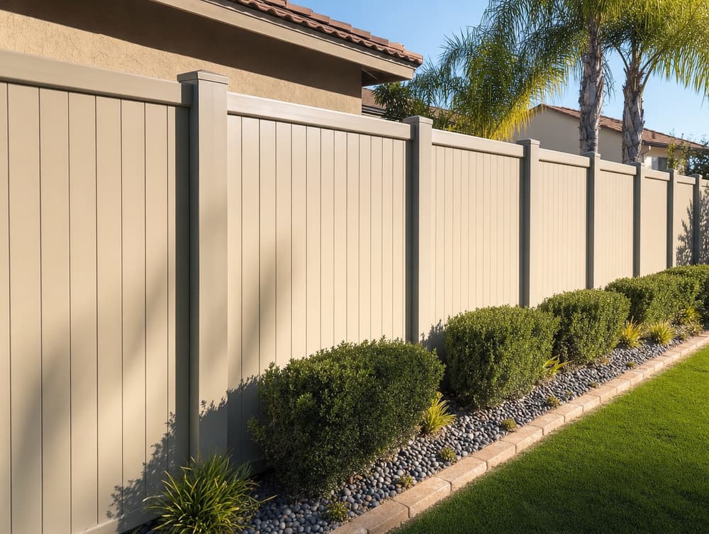 Tan privacy fence — vinyl fencing project in Southern California