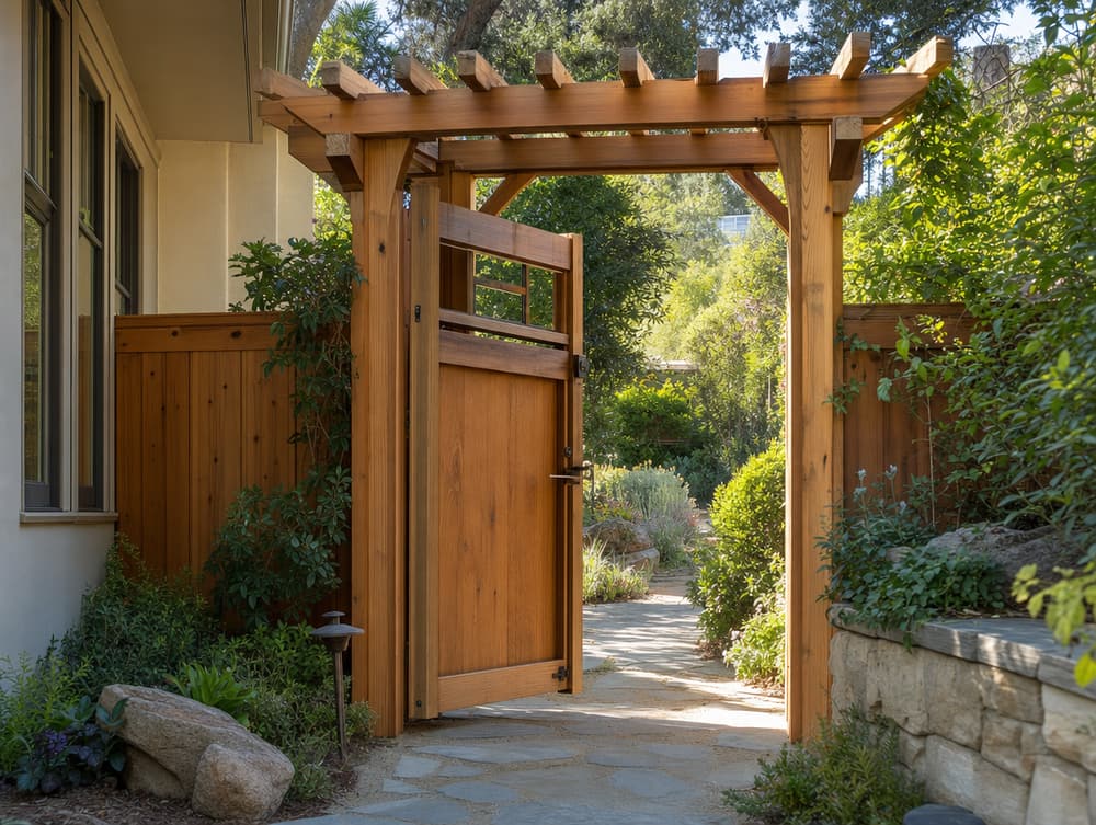 Gate with arbor — wood fencing project in Southern California