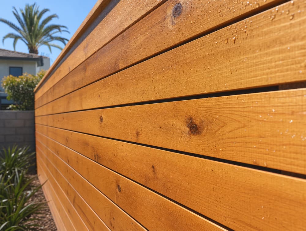Fresh stain detail — wood fencing project in Southern California