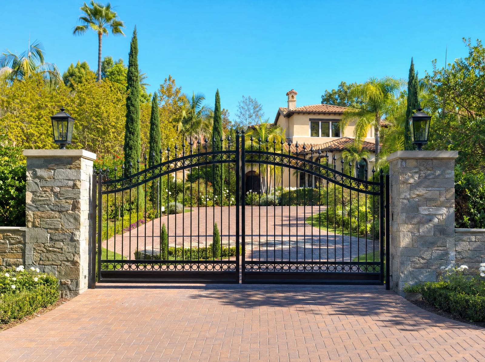 Ornamental steel driveway gate at a Southern California estate