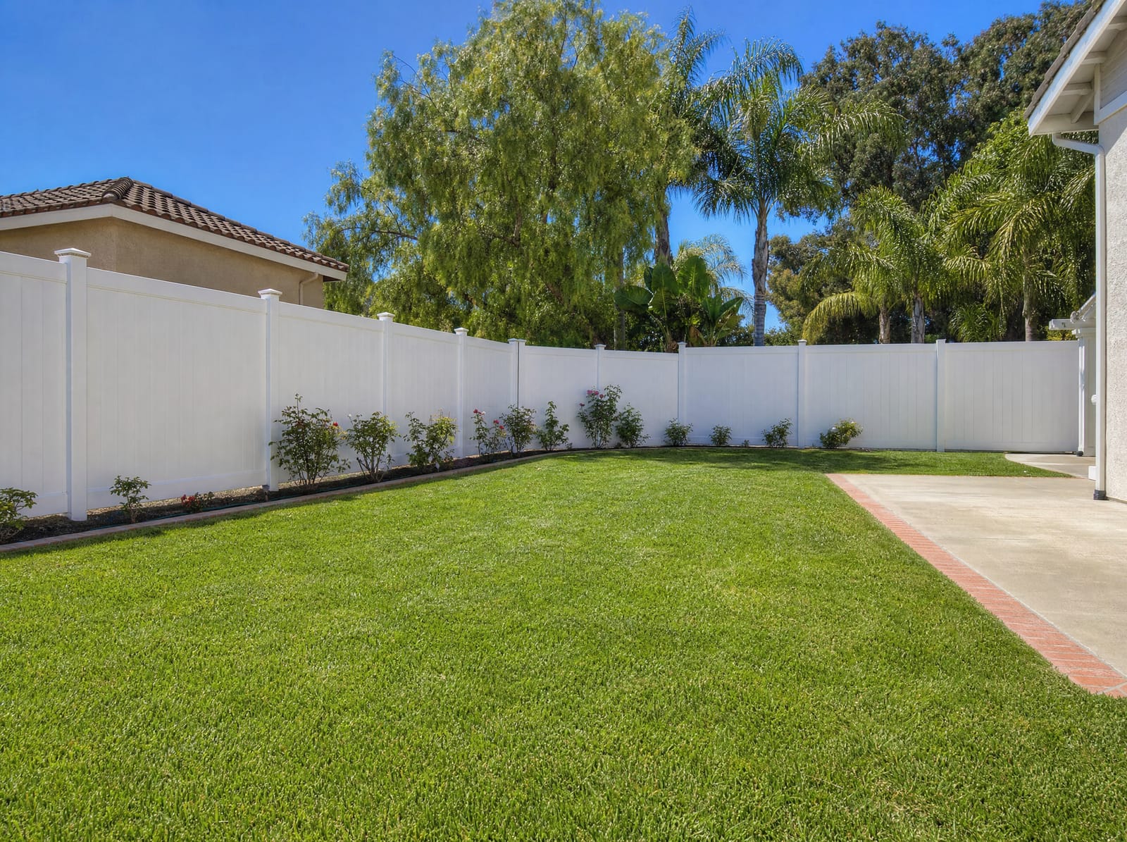 White vinyl privacy fence around a green SoCal backyard