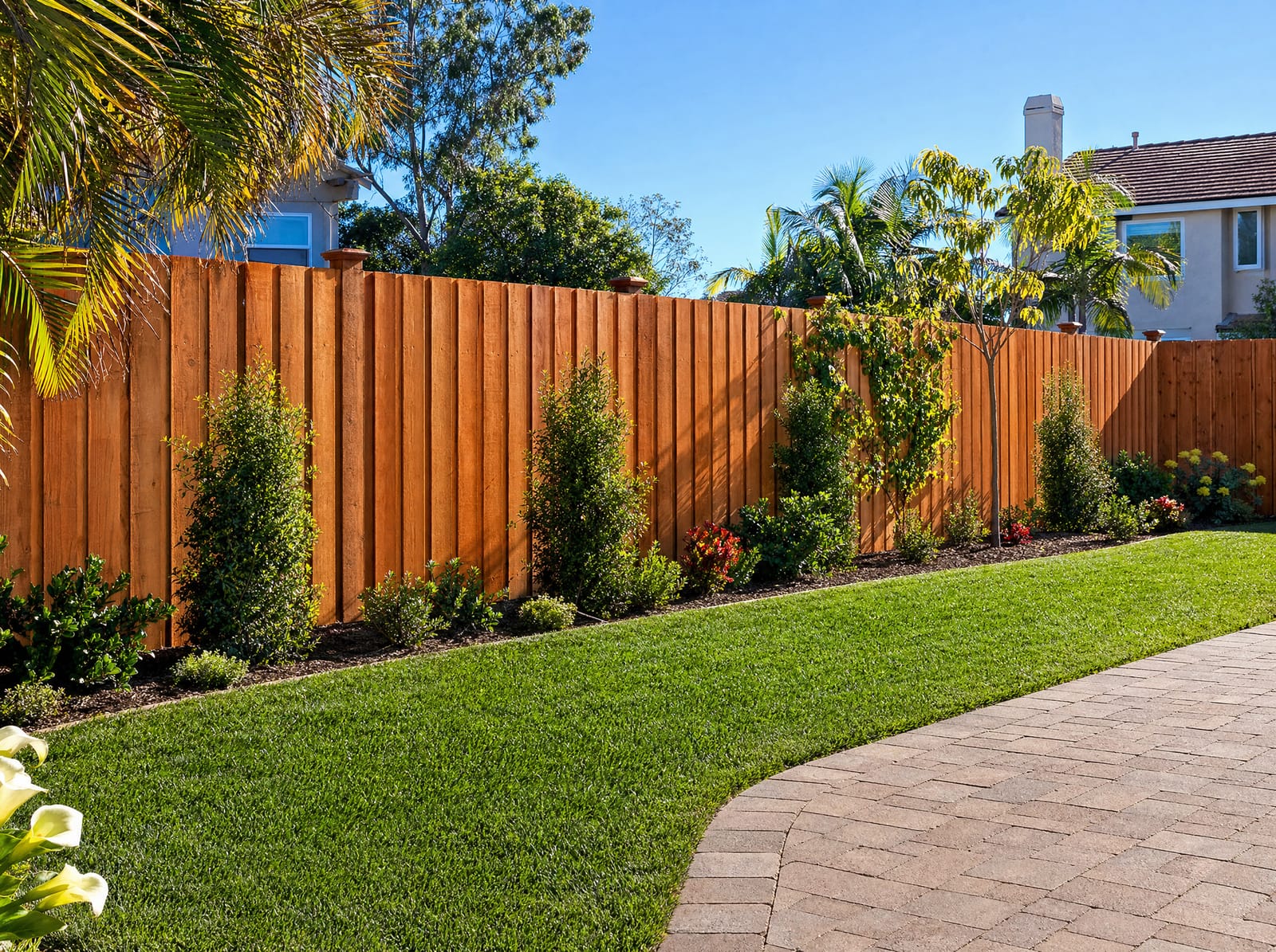 Cedar wood privacy fence in a Southern California backyard